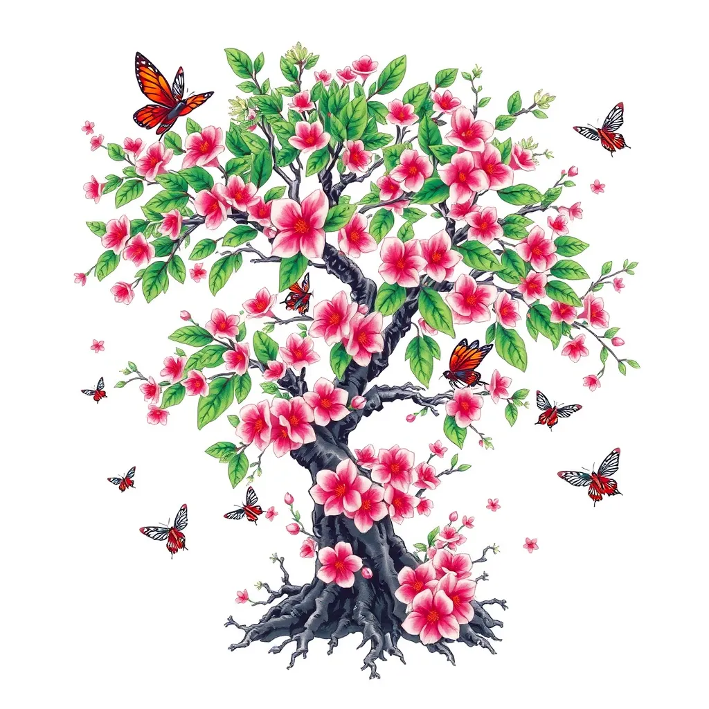 un cerisier japonais avec ses feuilles vertes , ses branches et ses racines , ses fleurs roses , des libellules , des papillons et des oiseaux, pas de couleur orange tattoo