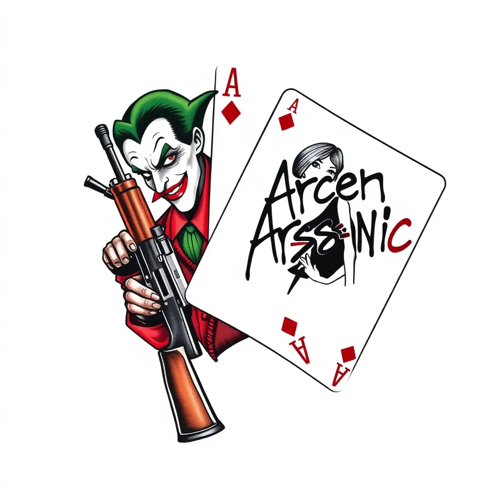 une carte de joker avec un joker tenant un ak47 entre les mains et on remplace le mot joker sur la carte et on ecrit No face no case en styler sur le coter de la carte on rajoute une carte ace a moitier voyante avec une femme  au millieux et en haut des carte on ecrit arsenic en graffiti tattoo