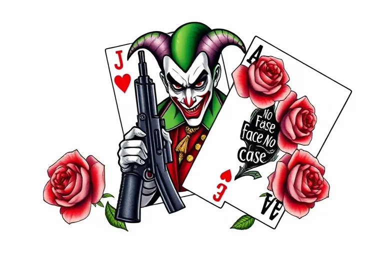 carte de joker avec au milieux un joker avec une ak47 dans ces main avec une face de gangster a place que sur la carte est ecrit joker on remplace par No face no case avec une ecriture styler et une deuxieme carte a moitier a coter un ace avec une femme sexy et 2 rose fleur sur les deux coter de les carte et ecrit au millieux des fleur en haut arsenic  tattoo