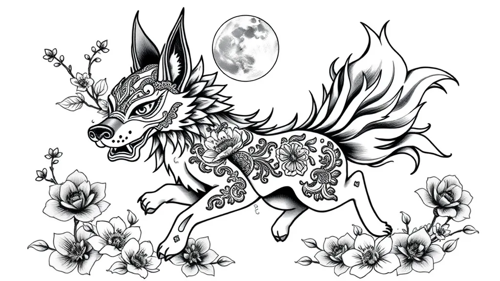 kitsune with mask, flowers, moon, running, 9 tails in meguslava style tatuaggio