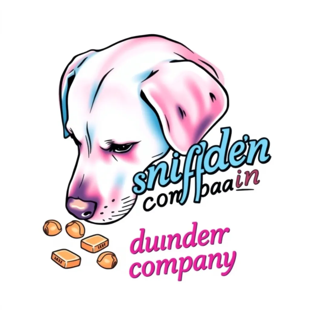 A Labrador dog sniffing the ground with its nose close to a few scattered dog treats, in soft pastel shades of blue and pink, with the text “dunder snifflin company” in playful bubble letters tattoo