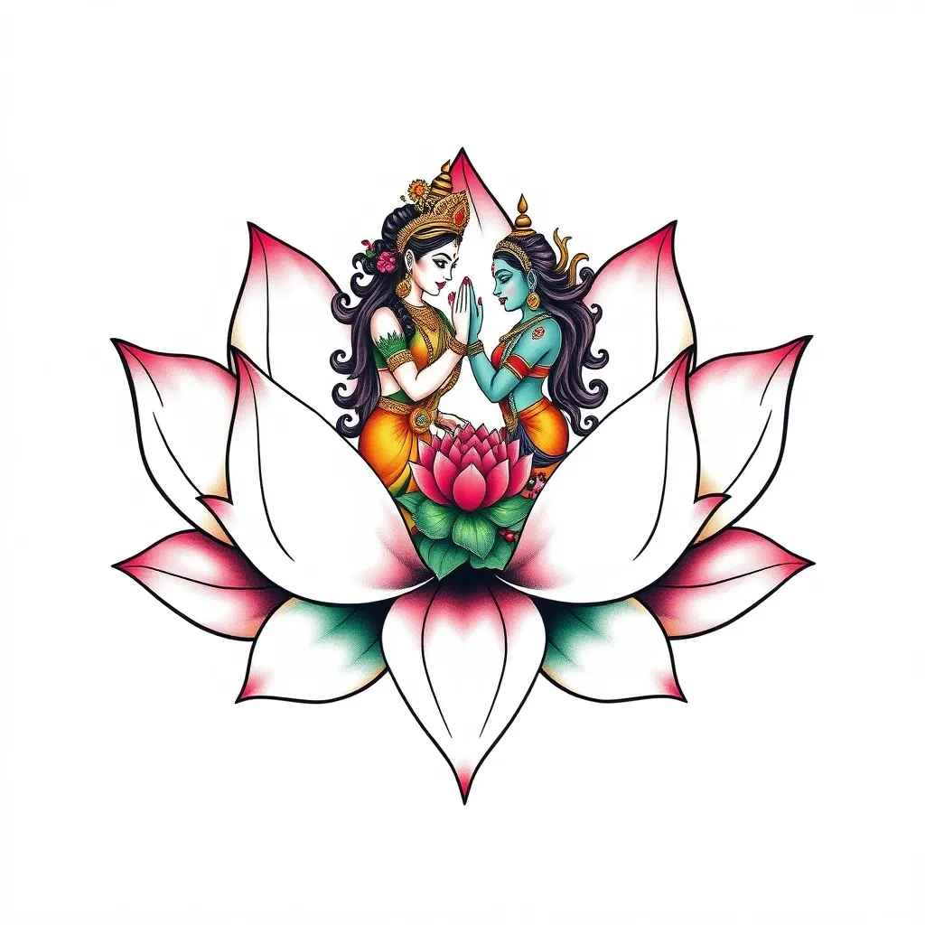 A large stylized lotus. On the left, hugging the lotus, a represensation of the goddess Lakshmi. On the right, hugging the lotus, a represensation of the goddess Kali. Both godesses facing each other dövme