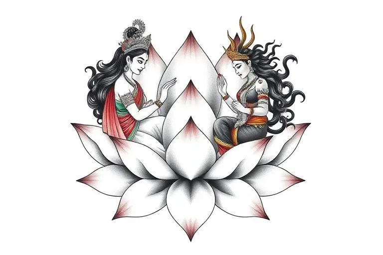 A large stylized lotus. On the left, hugging the lotus, a represensation of the goddess Lakshmi. On the right, hugging the lotus, a represensation of the goddess Kali. Both godesses facing each other tatuering