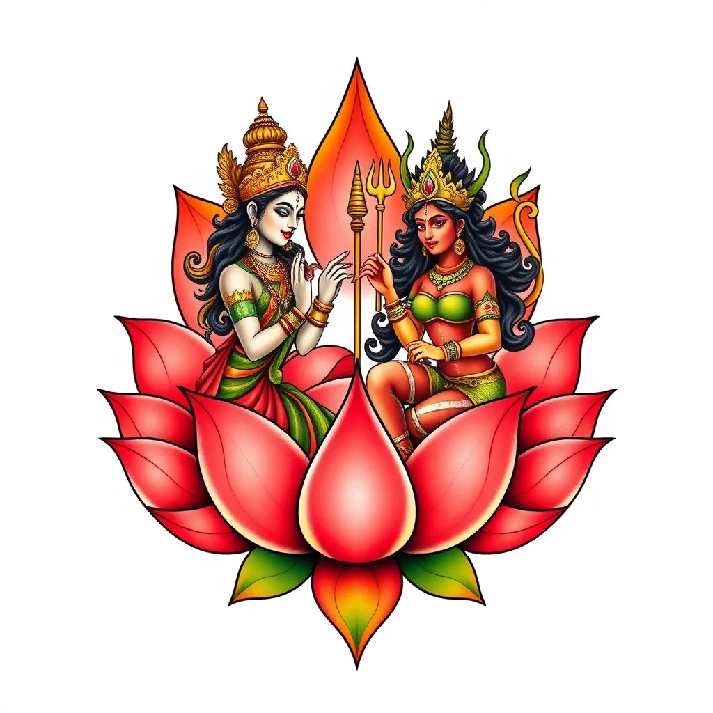 A large stylized lotus. On the left side the goddess Lakshmi. On the right side the goddess Kali. Both godesses facing each other tatuaż