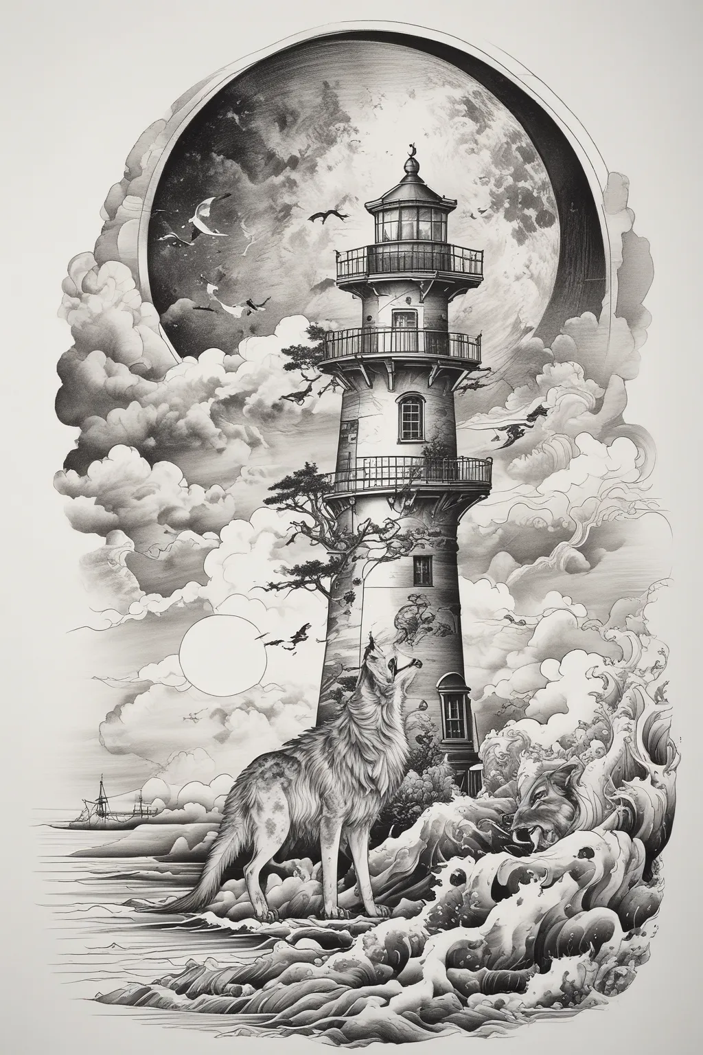 A lighthouse vaguely shaped like a wolf howling at the moon tetování