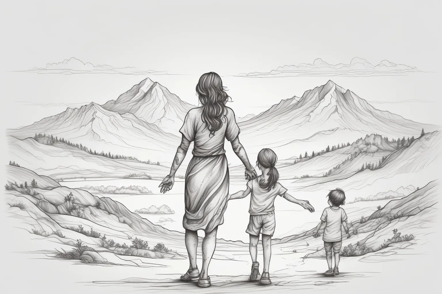 a line drawing from a behind of two children holding hands with a woman looking at the horizon in a vast valley  tattoo