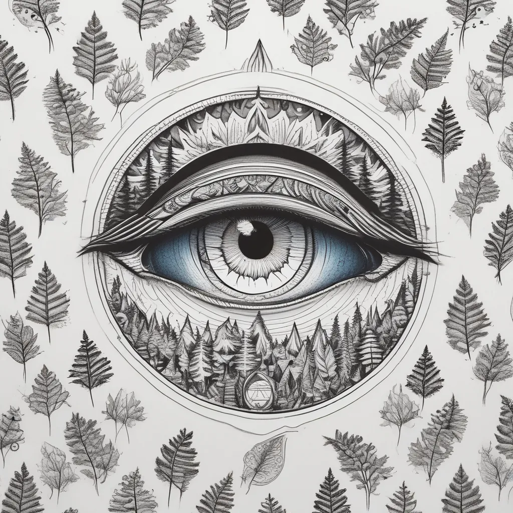 a logo with a highlighted blue eye and moon style in nature, black forest tatuaje