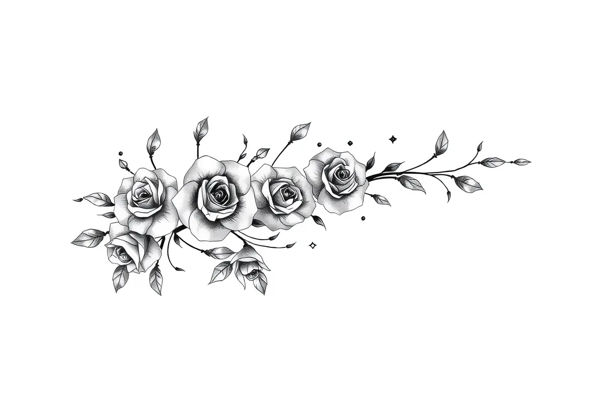 eine langezogenes tattoo mit rosen und verzierungen tatuaggio