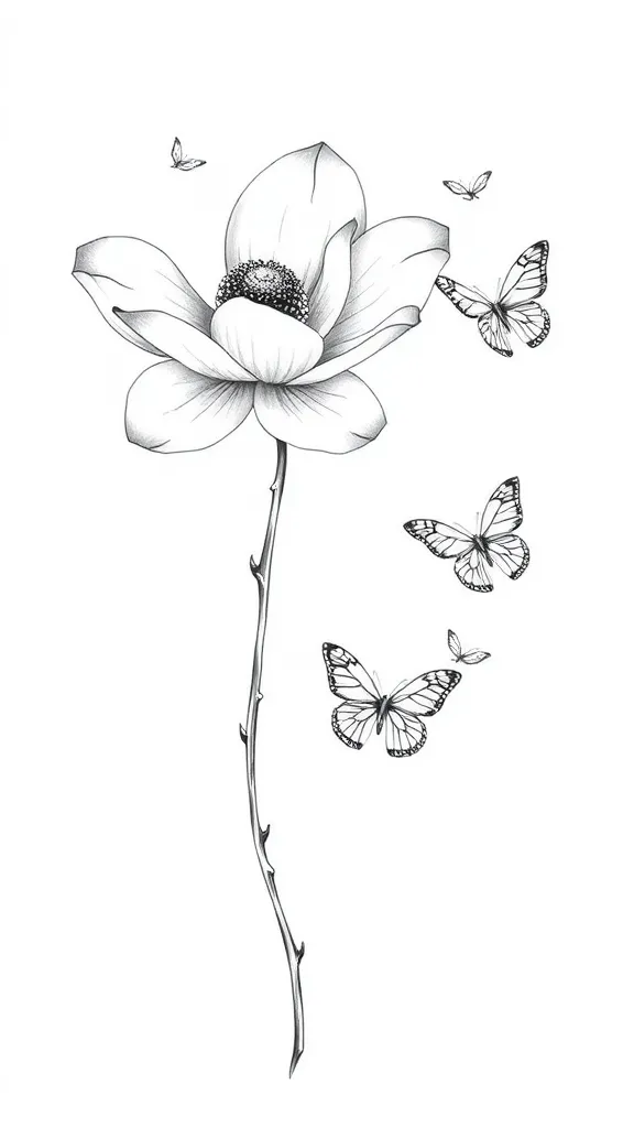 une magnolia, une feur de sakura, une longue tige, trois papillons, traits fins tattoo