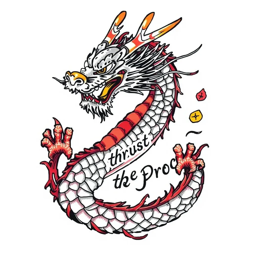 Ein Männlicher Chinesischer Drache mit dem Schriftzug Trust the Process τατουάζ