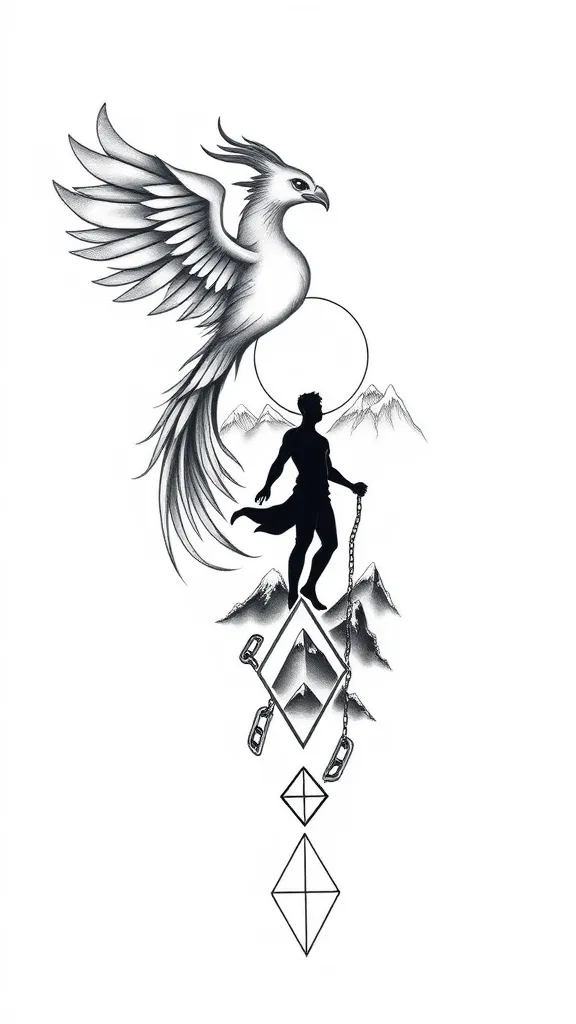 A male tattoo representing a physical and spiritual transformation after weight loss. The image could show a phoenix rising from the ashes, symbolising rebirth and inner strength. Add a man in silhouette, freeing himself from broken chains, representing the weight and obstacles overcome. Include natural elements such as mountains in the background, illustrating the difficult but victorious journey. Use a style that is both realistic and minimalist, with clean lines and subtle shading to evoke determination and freedom. टैटू