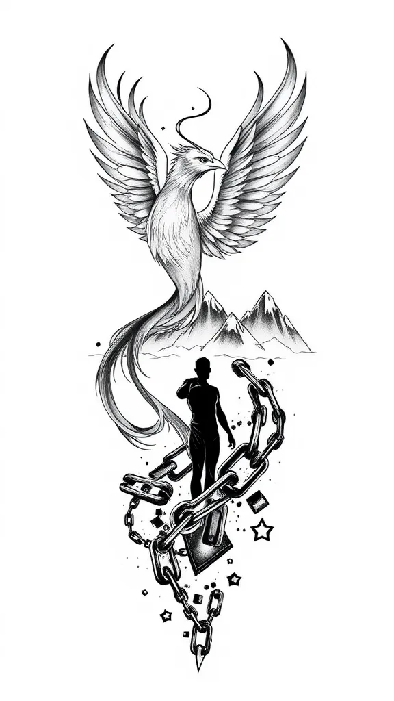 A male tattoo representing a physical and spiritual transformation after weight loss. The image could show a phoenix rising from the ashes, symbolising rebirth and inner strength. Add a man in silhouette, freeing himself from broken chains, representing the weight and obstacles overcome. Include natural elements such as mountains in the background, illustrating the difficult but victorious journey. Use a style that is both realistic and minimalist, with clean lines and subtle shading to evoke determination and freedom. وشم