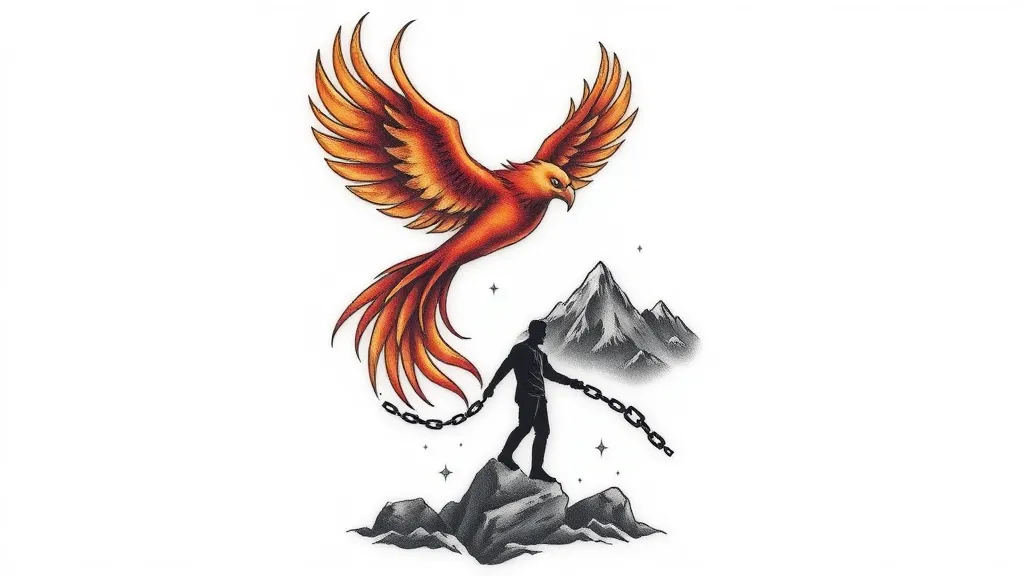 A male tattoo representing a physical and spiritual transformation after weight loss. The image could show a phoenix rising from the ashes, symbolising rebirth and inner strength. Add a man in silhouette, freeing himself from broken chains, representing the weight and obstacles overcome. Include natural elements such as mountains in the background, illustrating the difficult but victorious journey. Use a style that is both realistic and minimalist, with clean lines and subtle shading to evoke determination and freedom. 纹身