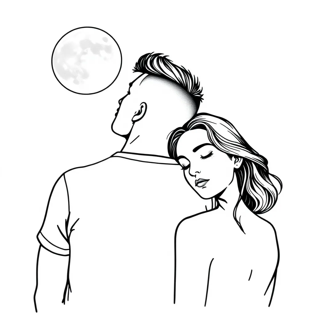 une homme et une femme qui regarde la lune et la femme pause sa tête sur l'épaule de l'homme, l'homme c'est un métisse tattoo