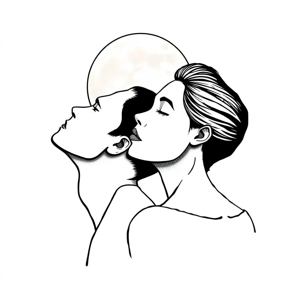 une homme et une femme qui regarde la lune et la femme pause sa tête sur l'épaule de l'homme, l'homme c'est un métisse tattoo