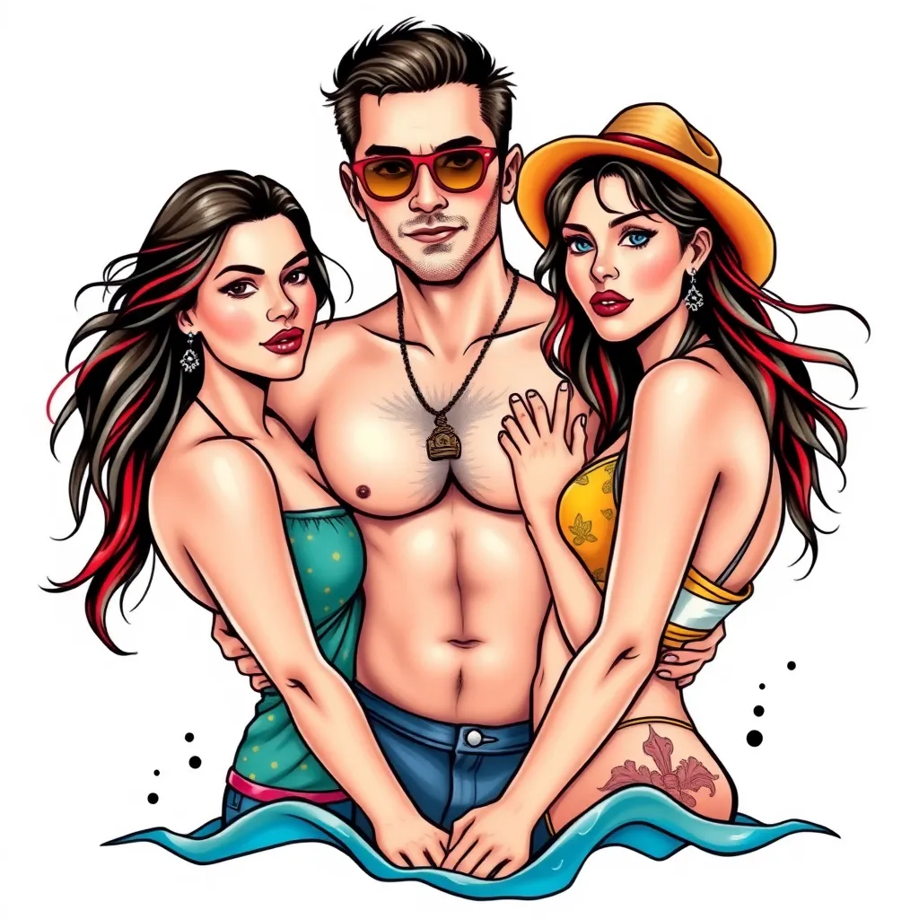 a man and two girls on the beach, looking at the camera, the man is in the middle, they look very cool and has really close relationship टैटू