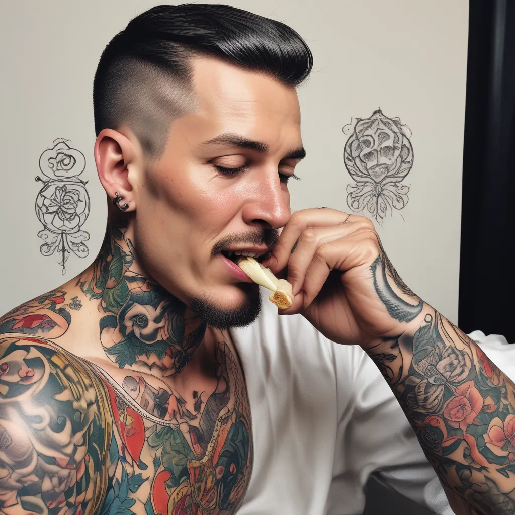 Um homem comendo lanche tatuering