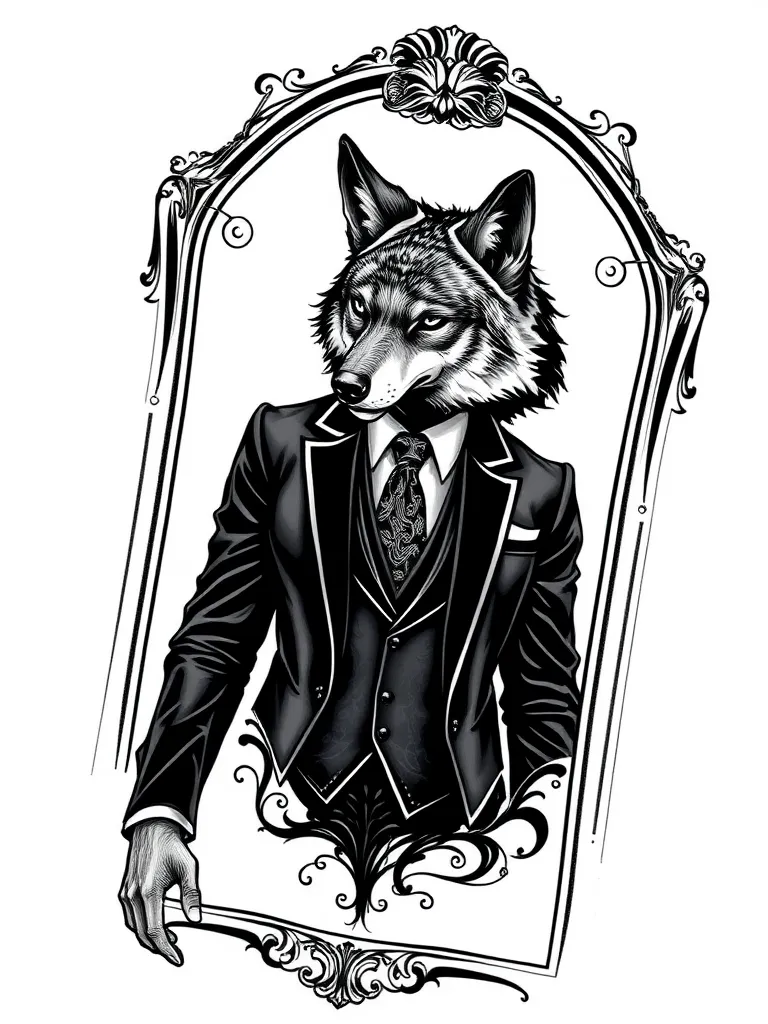 man watching mirror and saw he is a wolf wearing suits tattoo