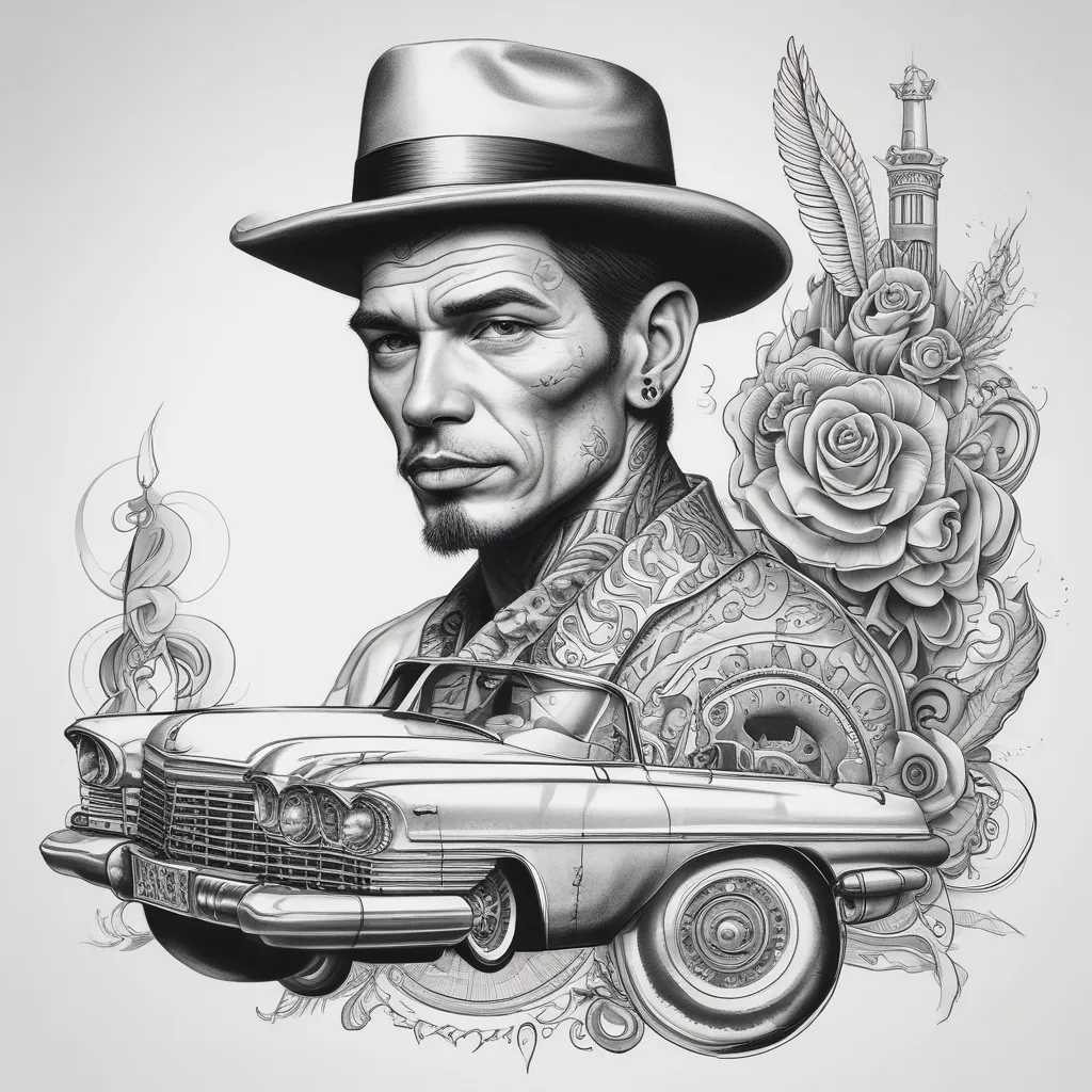 un uomo su una cadillac tattoo