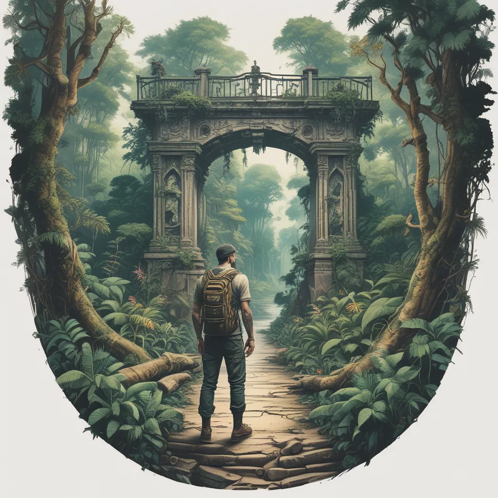 a man standing in a jungle-like setting after he left an old hanging bridge, surrounded by lush greenery and a path leading to a ruin. The ruin appears to be an entrance to an abandoned building, adding an air of mystery to the scene. The man is wearing a backpack and a basecap, suggesting he might be a traveler exploring the area. The man is in front of the entry and touches the arch with his hand. The combination of the archway, the jungle-like environment and the backpack creates a sense of adventure and exploration. tatuaggio