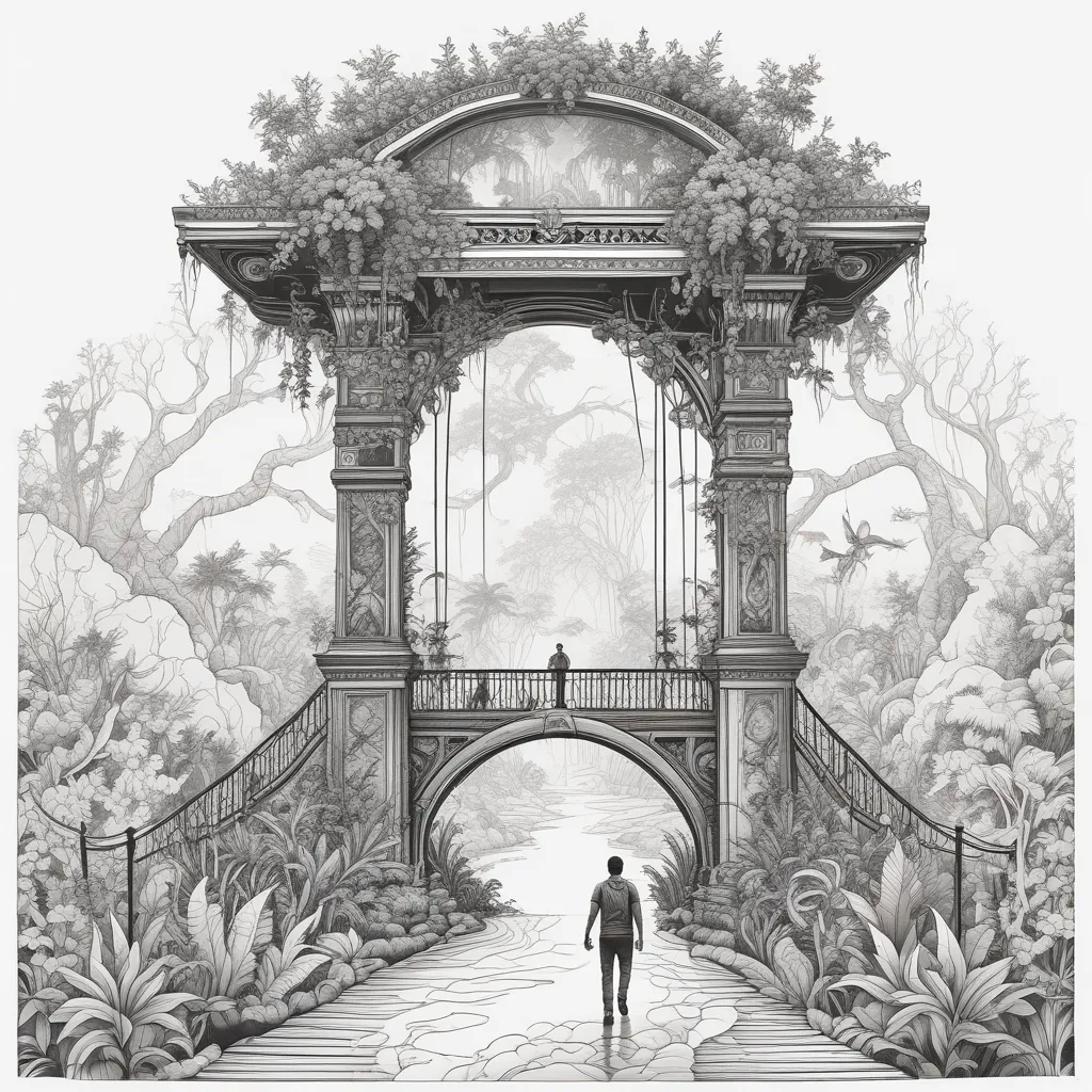 a man standing in a jungle-like setting after he left an old hanging bridge, surrounded by lush greenery and a path leading to an archway. The archway appears to be an entrance to an abandoned building, adding an air of mystery to the scene. The man is wearing a backpack and a basecap, suggesting he might be a traveller exploring the area. The man is in front of the entry and touches the arch with his hand. The combination of the archway, the jungle-like environment and the backpack creates a sense of adventure and exploration. tattoo