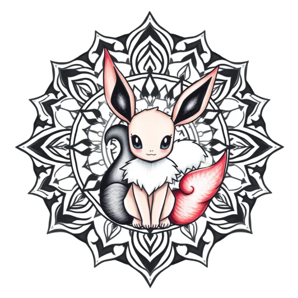 a mandala in the background and in the front Umbreon and Espeon protecting a Eevee as a family tattoo