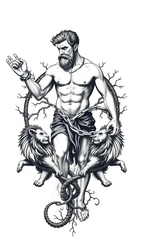 Un tatouage masculin représentant la transformation après une perte de poids, inspiré de la mythologie. L'image pourrait montrer Héraclès brisant ses chaînes, symbolisant la force et la libération des poids du passé, avec des lions stylisés à ses pieds, représentant ses défis surmontés. Derrière lui, l'arbre de vie d'Yggdrasil pourrait se déployer, avec des branches s'élevant vers le ciel, incarnant la croissance spirituelle et physique. Intégrez des symboles de métamorphose, comme le serpent Ouroboros encerclant le design, symbolisant le cycle infini de renouveau et de transformation. Le style peut mêler réalisme et motifs mythologiques détaillés, avec des nuances de force, résilience et renaissance. татуировка