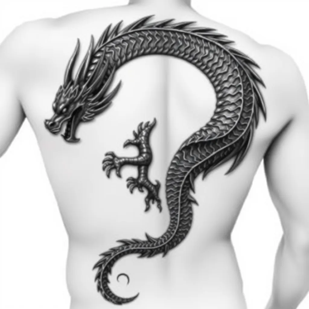 a metal dragon on the back scratching starting at the lower back and ending at the shoulder 纹身