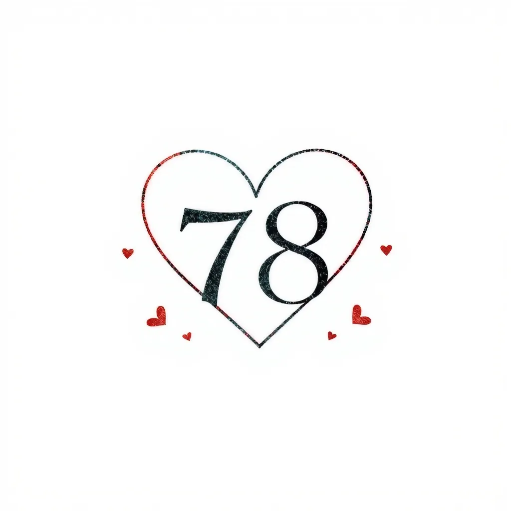 Un diseño minimalista y adorable de un tatuaje. El número '78' en el centro, rodeado por un corazón simple y elegante. El contorno del corazón debe ser fino y delicado, transmitiendo formalidad y ternura a la vez. Alrededor, pequeños adornos sutiles y minimalistas, como puntos o líneas finas, que aporten un toque adorable sin recargar el diseño. La composición debe ser limpia, equilibrada y adecuada para un tatuaje pequeño tatoeage