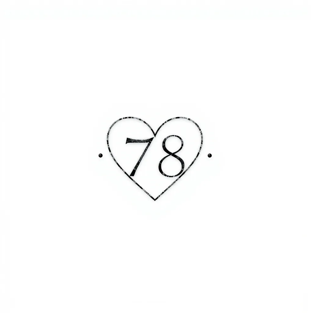 Un diseño minimalista y adorable de un tatuaje. El número '78' en el centro, rodeado por un corazón simple y elegante. El contorno del corazón debe ser fino y delicado, transmitiendo formalidad y ternura a la vez. Alrededor, pequeños adornos sutiles y minimalistas, como puntos o líneas finas, que aporten un toque adorable sin recargar el diseño. La composición debe ser limpia, equilibrada y adecuada para un tatuaje pequeño tatoeage