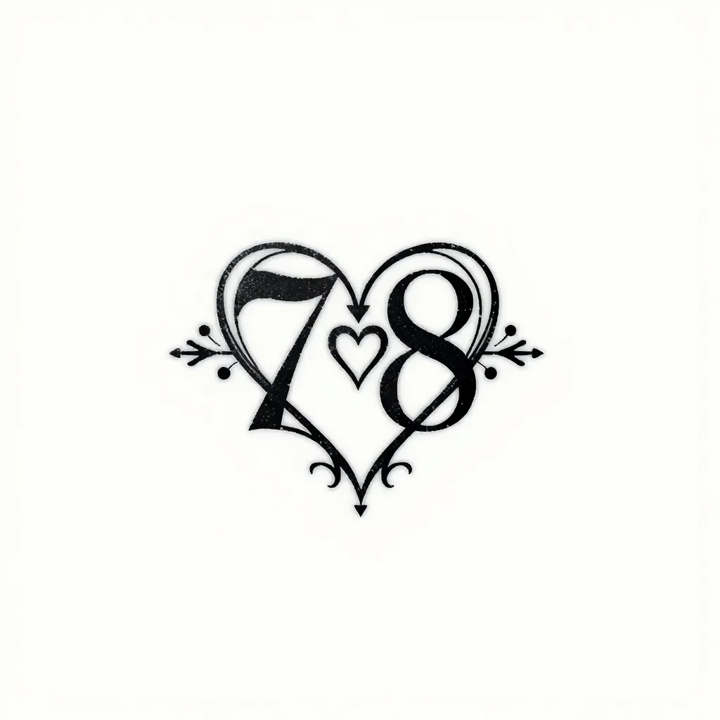 Un diseño minimalista y adorable de un tatuaje. El número '78' en el centro, rodeado por un corazón simple y elegante. El contorno del corazón debe ser fino y delicado, transmitiendo formalidad y ternura a la vez. Alrededor, pequeños adornos sutiles y minimalistas, como puntos o líneas finas, que aporten un toque adorable sin recargar el diseño. La composición debe ser limpia, equilibrada y adecuada para un tatuaje pequeño tatoeage