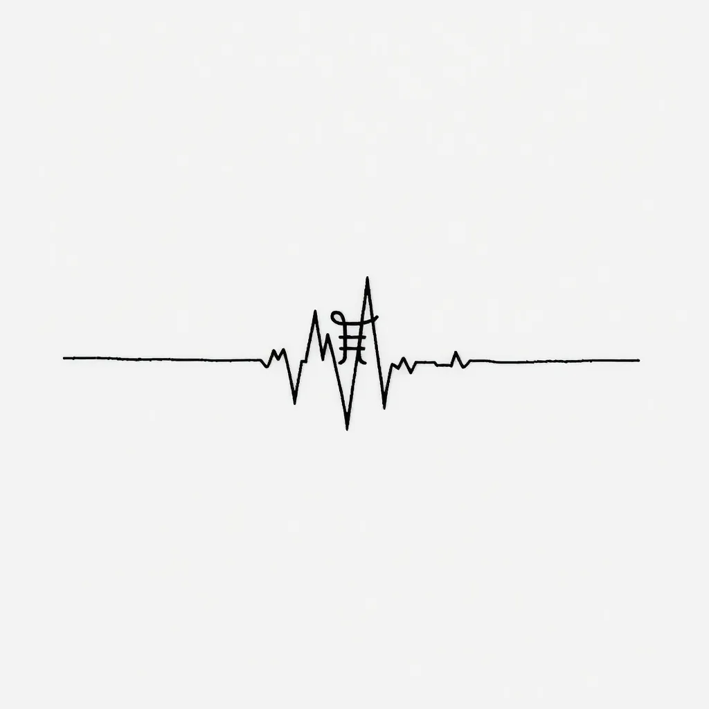 Un tatouage en noir minimaliste représentant une ligne ECG dans laquelle le symbole astrologique du Capricorne (♑︎) est intégré dans l’un des pics, comme s’il faisait partie du tracé naturel de la fréquence cardiaque." 入れ墨