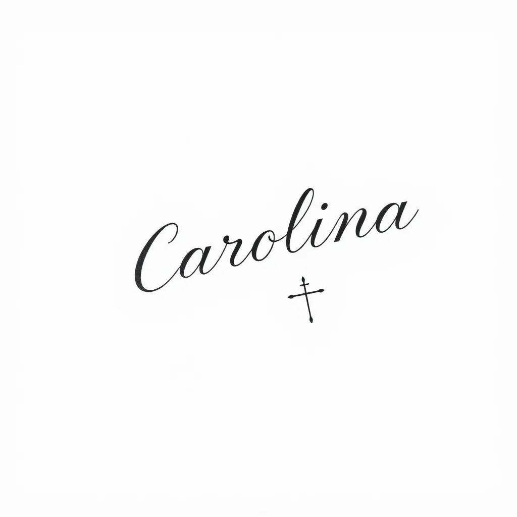 tattoo minimalist fineline simple drawing handwritten name "Carolina" and small cross татуировка