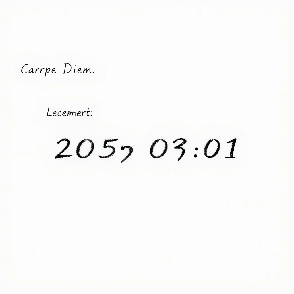 一个极简主义纹身设计，黑色墨水。左上角有细小的‘Carpe Diem’字样，右上角是火星符号♂。中心是两个重叠的日期，‘2005-03-01’以纯黑色清晰地重叠在颜色更淡的浅灰色‘2015-11-10’之上。白背景，精细线条，作为纹身参考图。 टैटू