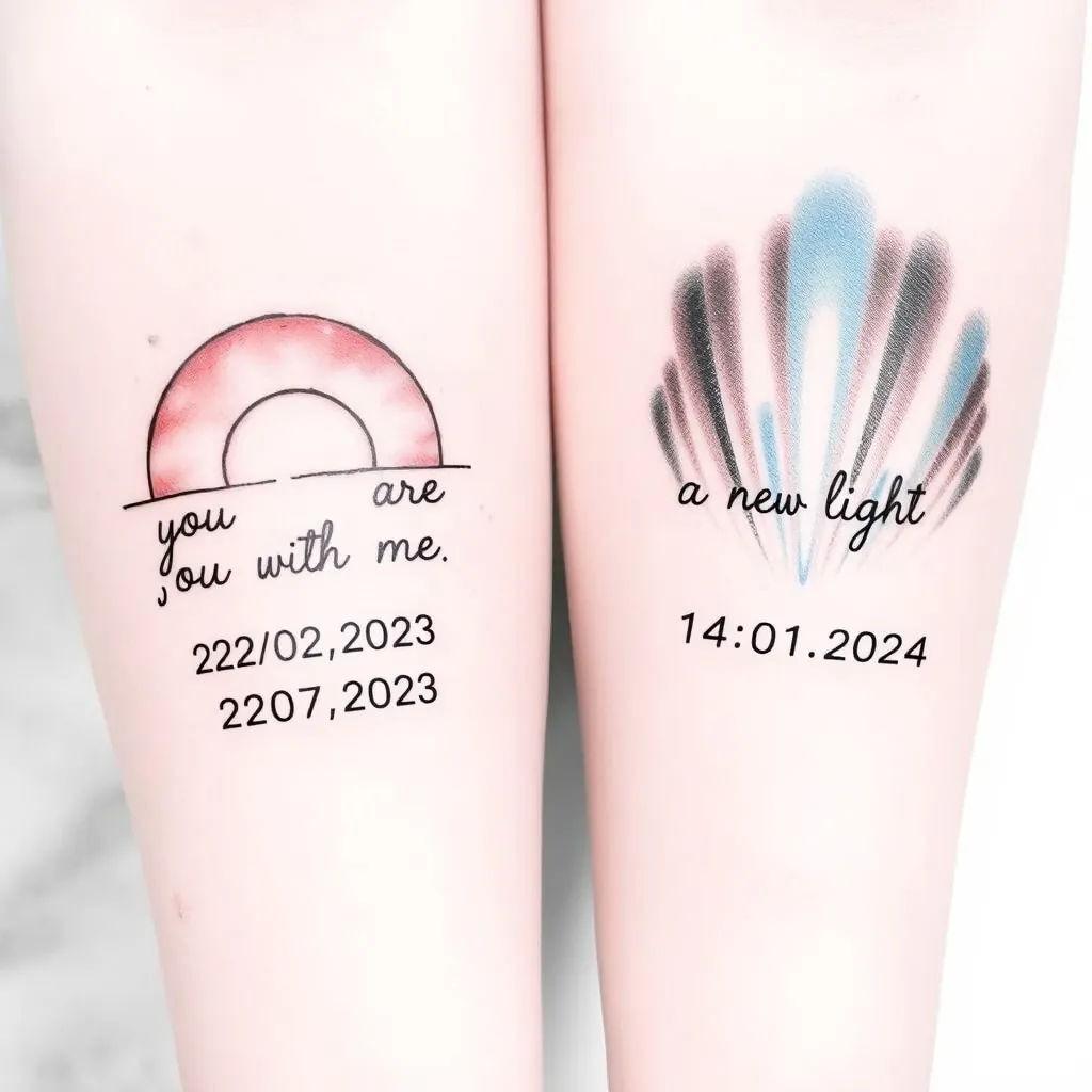 Un tatuaggio specchiato da una parte il tramonto con la scritta you are with me con la data 22/02/2023 dall’altra una aurora con la scritta a new light con la data 14/01/2024 tattoo