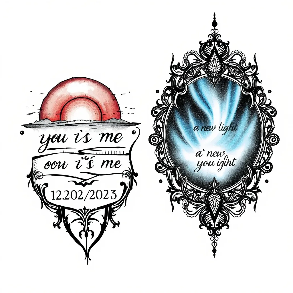 Un tatuaggio specchiato da una parte il tramonto con la scritta you are with me con la data 22/02/2023 dall’altra una aurora con la scritta a new light con la data 14/01/2024 tatuaggio