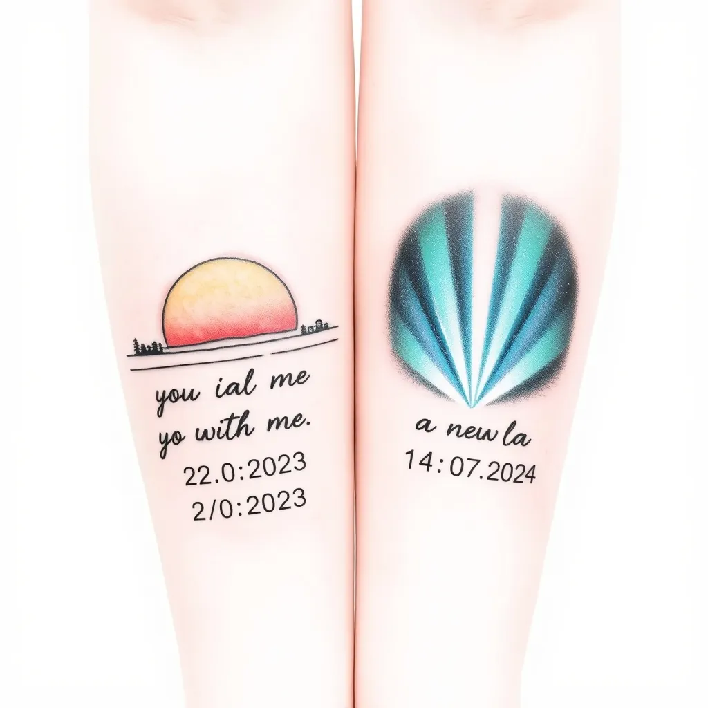 Un tatuaggio specchiato da una parte il tramonto con la scritta you are with me con la data 22/02/2023 dall’altra una aurora con la scritta a new light con la data 14/01/2024 tatuaggio