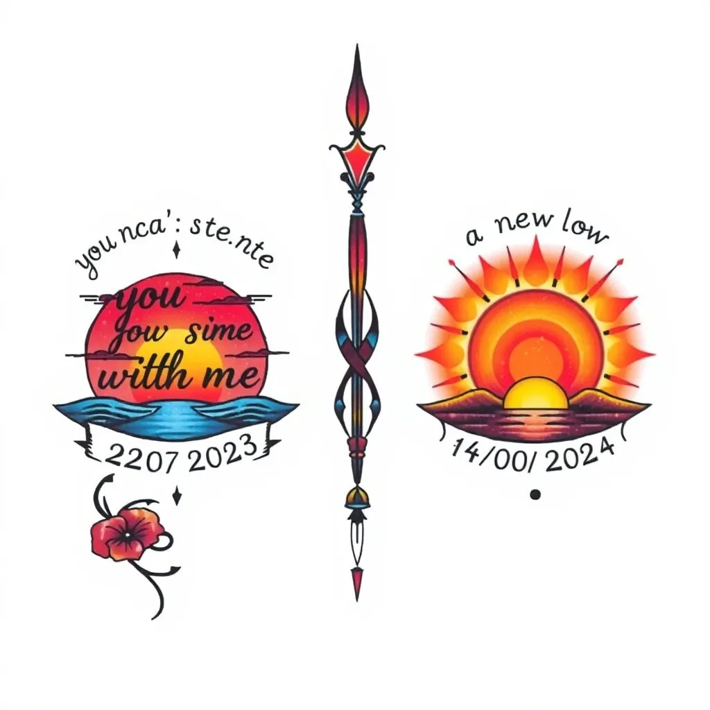 Un tatuaggio specchiato da una parte il tramonto con la scritta you are with me con la data 22/02/2023 dall’altra una alba con la scritta a new light con la data 14/01/2024 纹身