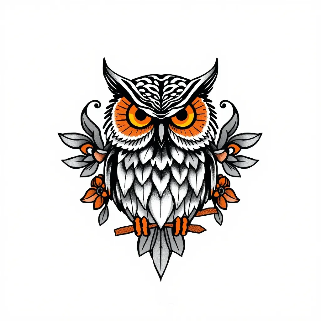 Un diseño de tatuaje de un búho en estilo neotradicional. El búho debe tener líneas marcadas, sombreado profundo, y un aspecto elegante y clásico. Los ojos del búho deben ser de color naranja brillante, siendo el único color del diseño aparte del negro. El resto debe ser en tinta negra, con detalles ornamentales como plumas, hojas decorativas o formas curvas alrededor. El diseño debe ser adecuado para el antebrazo, con un formato vertical y buena definición. tatouage
