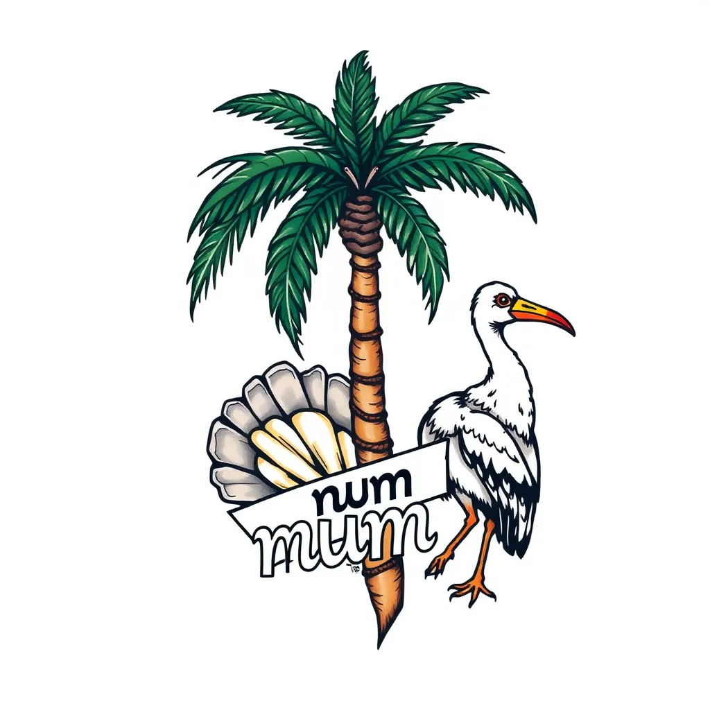 palm tree and a shell and a dodo with the word mum татуировка