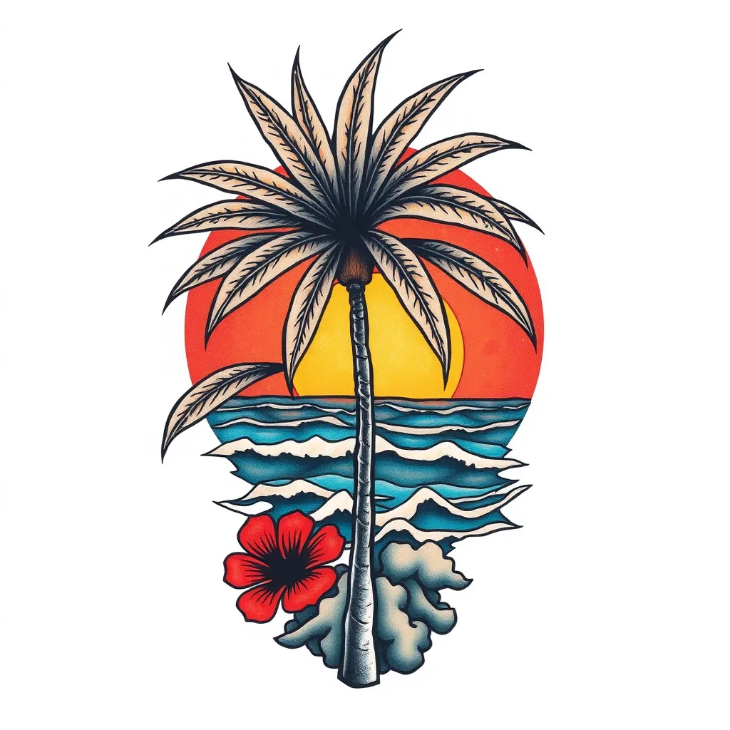 Eine Palme mit Sonnenuntergang und Meer im Fineline Stil  tattoo