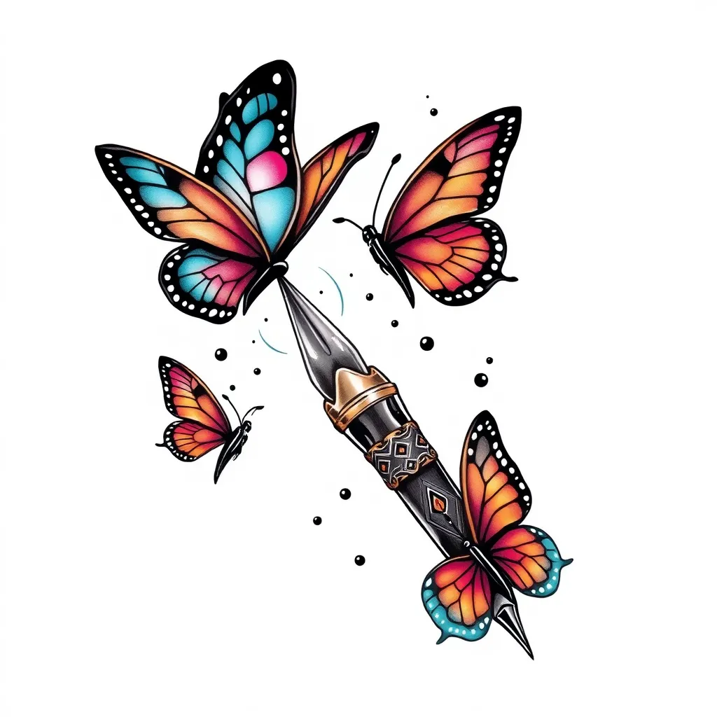 une plume avec des papillon qui s'envolent de la plume avec bcp d'ombrage tattoo