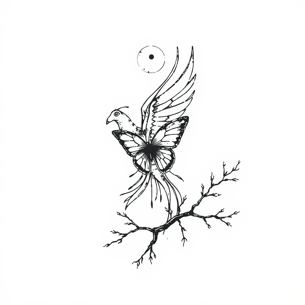 un phoenix avec un papillon, un cycle lunaire et une ligne de vie et une branche brisée qui repousse tetování