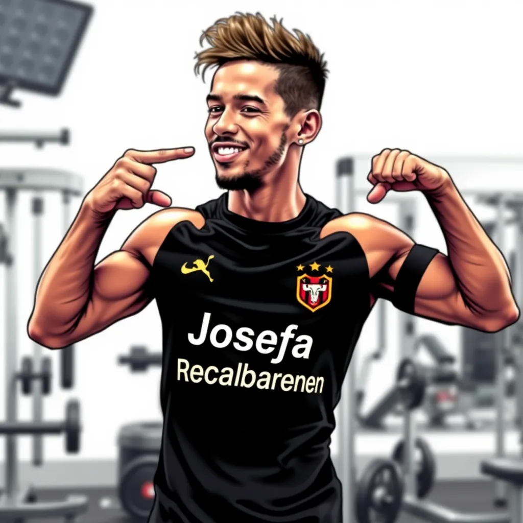 A photo of Brazilian footballer Neymar Jr. working out and flexing his muscles. He is wearing a black t-shirt with the text "Josefa Recabarren" and is smiling and blowing a kiss. The background is a gym with various fitness equipment. dövme