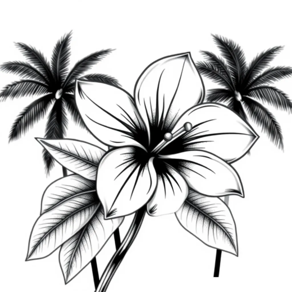 eine Plumeria mit Palmen im Hintergrund, als Untergrund möchte ich Koordinaten eingeben tatuering