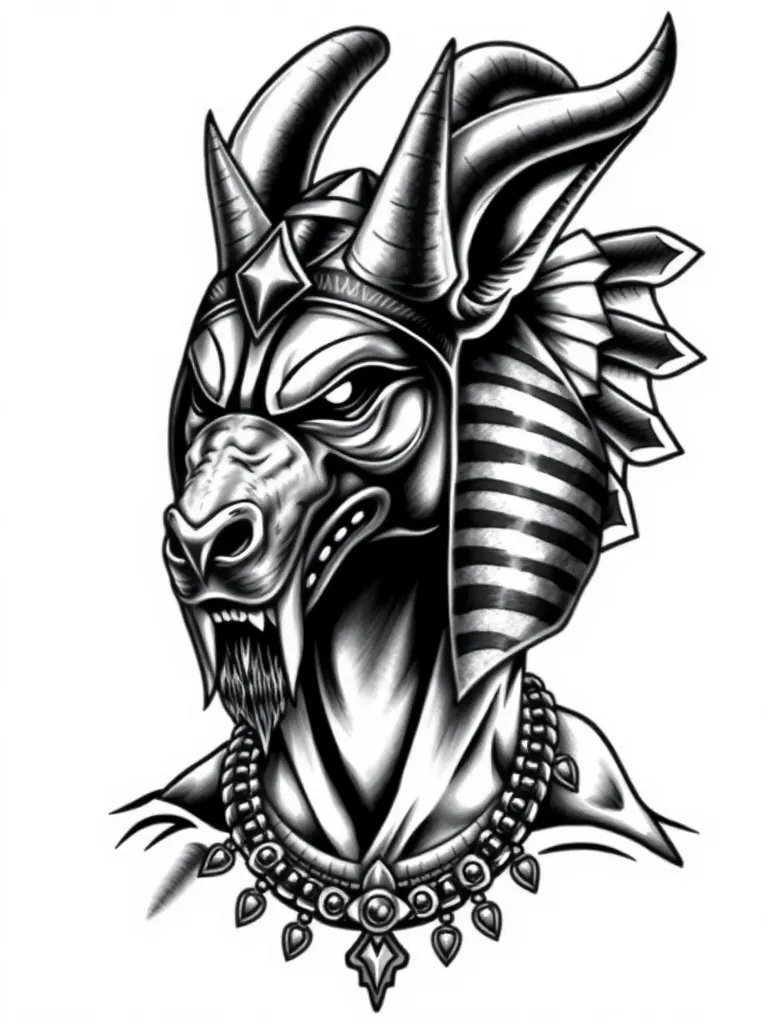 un tatouage en mode portrait du dieu anubis agressif. Il porte une coiffe de pharaon. Ses traits sont agressifs, il semble musclé. Il a une carrure imposante,  le collier et la coiffe de pharaon sont bien visibles. tattoo