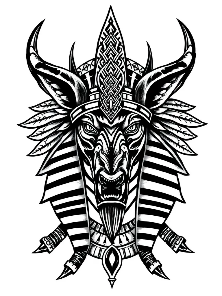 un tatouage en mode portrait du dieu anubis agressif. Il porte une coiffe de pharaon tattoo