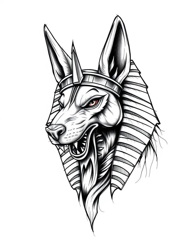 un tatouage en mode portrait du dieu anubis agressif. Il porte une coiffe de pharaon dövme