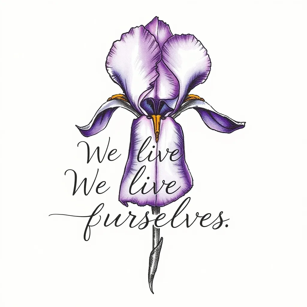 A purple iris with the word "Vivimos por si mismo"  tatuaż