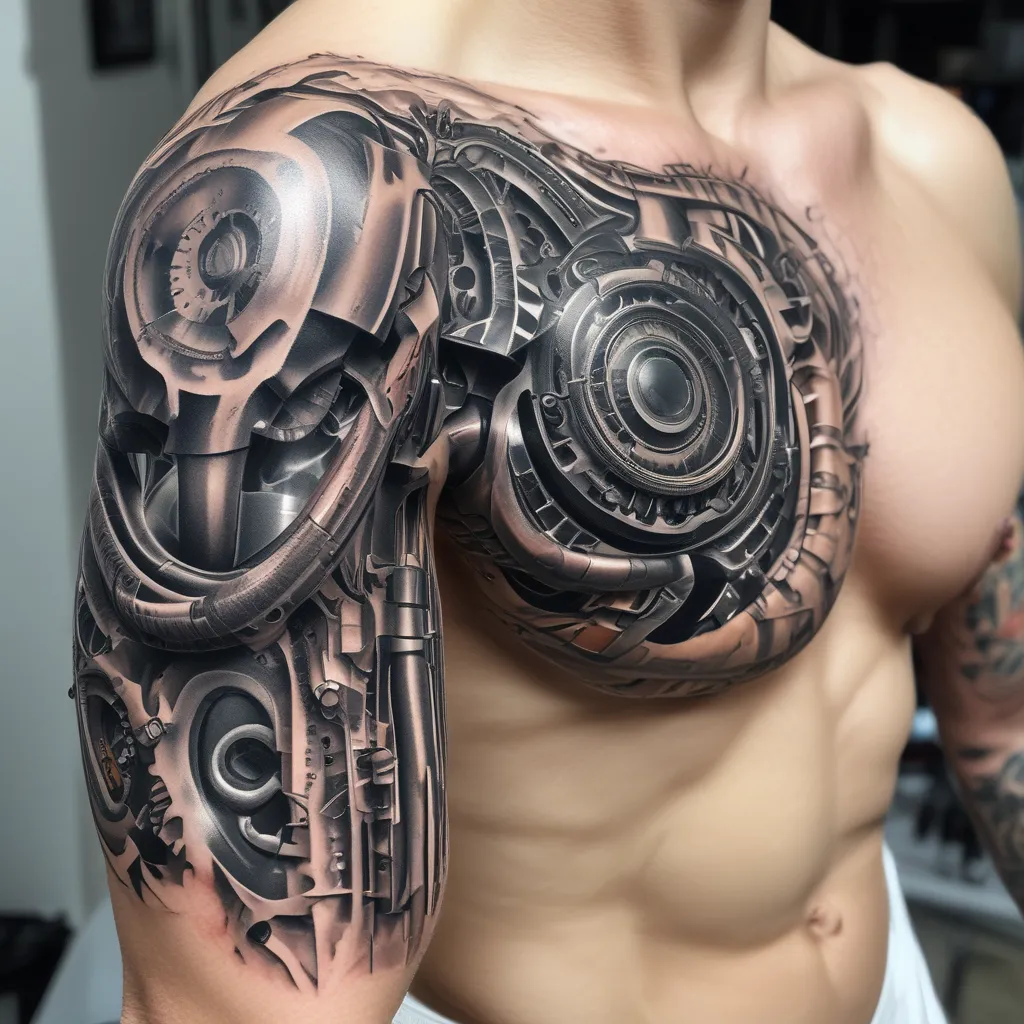 a real looking biomechanical tattoo 3D optics on the upper arm that looks like it comes out of the skin, with scraps of skin over it and torn open tatoeage